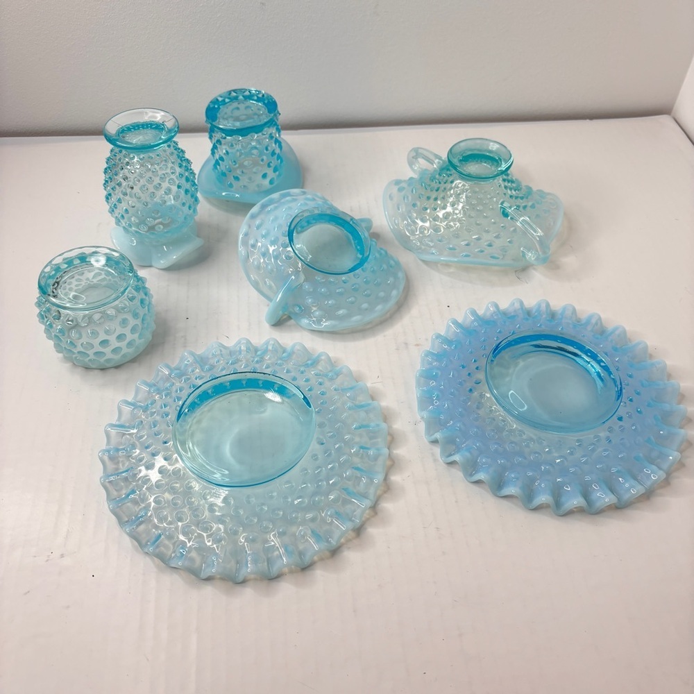 VTG Fenton Blue Opalescent Hobnail 7 pc lot Trinket Candy Dishes Votive Bud Vase - Picture 15 of 16